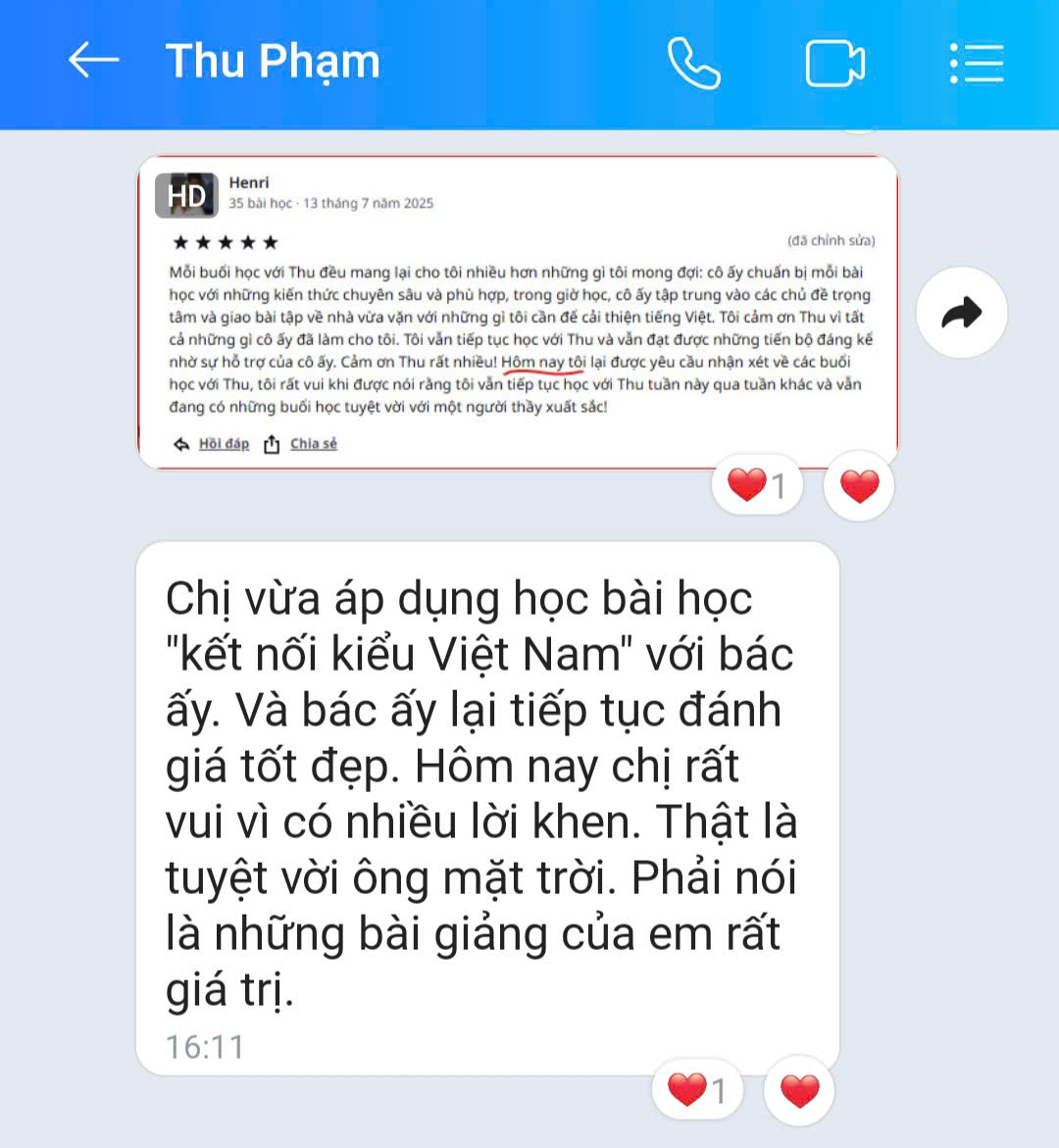 Tin nhắn Zalo của cô Thu kèm đánh giá 5 sao của học viên