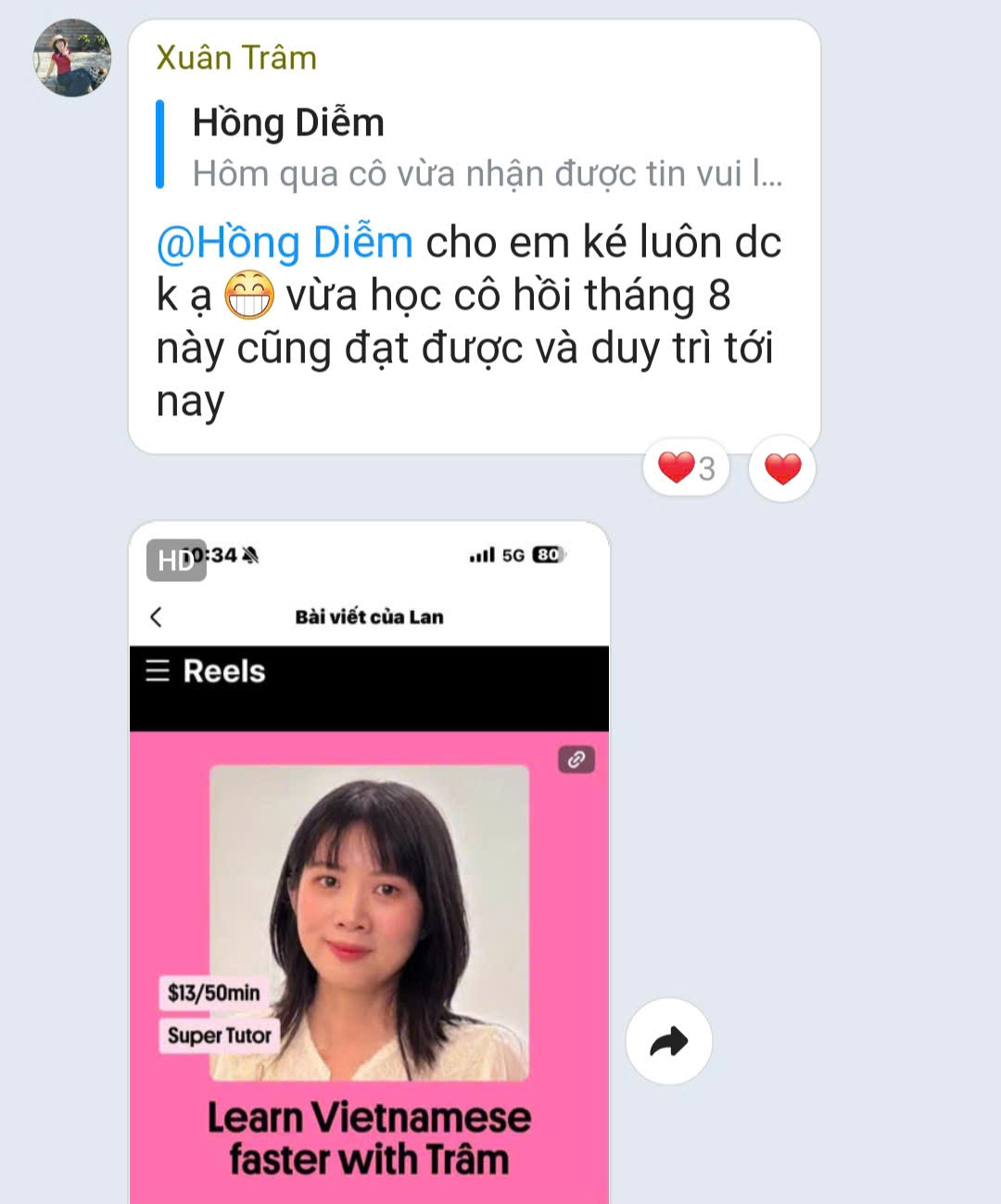 Tin nhắn của Xuân Trâm kèm ảnh Super Tutor trên Preply